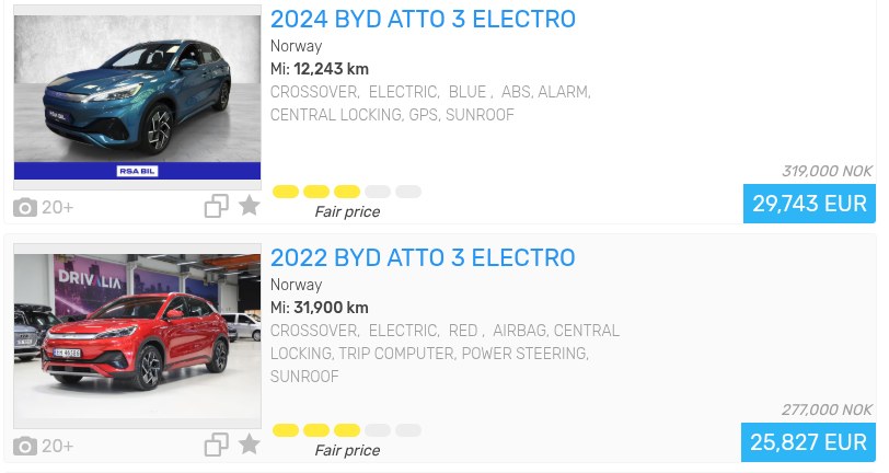 Brukte BYD Atto 3 til salgs i Norge med priser