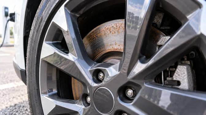 Rustne bremseskiver bak felgen på en BYD Seal